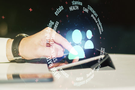 Creative abstract people icons hologram and finger presses on a digital tablet on background, life...