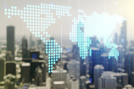 Multi exposure of abstract graphic world map on blurry skyscrapers background, big data and...
