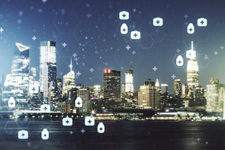 Abstract virtual medical hologram on New York cityscape background, online medical consulting...
