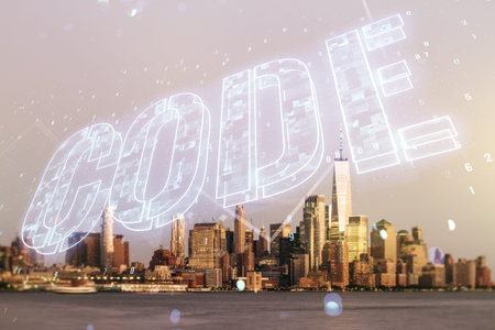 Code word hologram on Manhattan cityscape background, artificial intelligence and neural networks...
