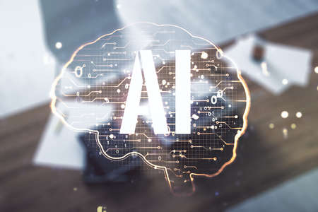 Creative artificial Intelligence concept with human brain sketch and modern desktop with pc on background. Double exposureの写真素材