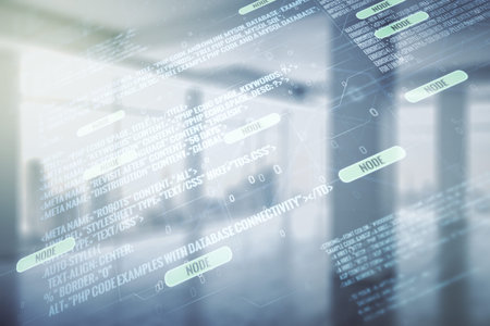 Double exposure of abstract programming language interface on empty modern office background,...