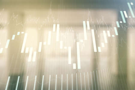Double exposure of abstract creative financial chart hologram on empty modern office background, research and strategy conceptの写真素材