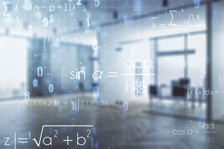Scientific formula hologram on a modern furnished office interior background, research concept....