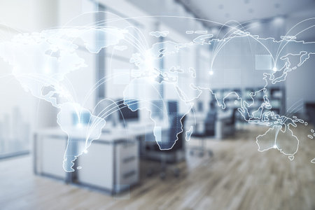 Abstract virtual world map with connections on a modern furnished office background, international...