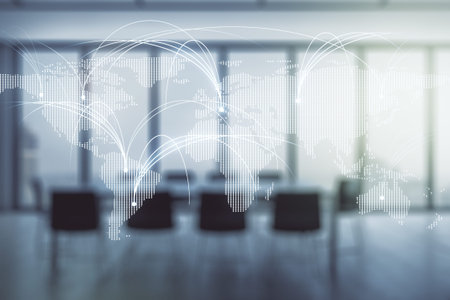 Double exposure of abstract digital world map hologram with connections on a modern meeting room...