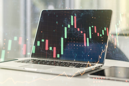 Abstract creative financial graph with world map on modern computer background, financial and...
