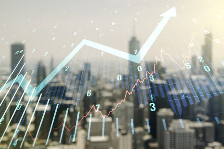 Multi exposure of virtual abstract financial graph and upward arrow on blurry skyscrapers...