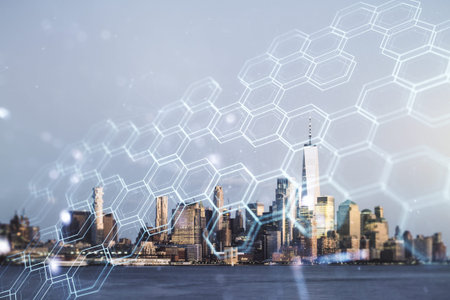 Abstract virtual technology sketch with hexagon grid on Manhattan cityscape background, future...