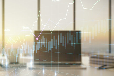 Multi exposure of abstract financial diagram on computer background, banking and accounting concept