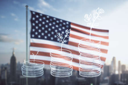 Double exposure of virtual cash savings hologram on USA flag and blurry skyscrapers background. Development and achievement of goals conceptの写真素材
