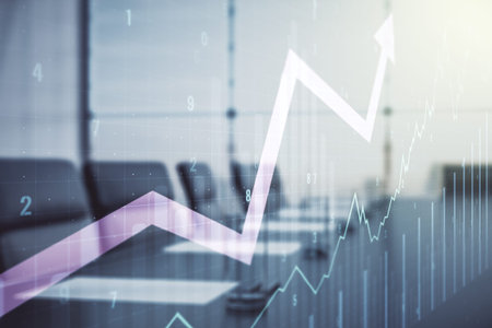Double exposure of abstract creative financial chart and upward arrow illustration on a modern...