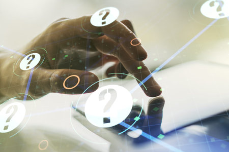 Creative abstract question mark sketch and hand working with a digital tablet on background, FAQ and...