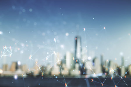 Abstract virtual technology sketch on blurry office buildings background, future technology and AI...