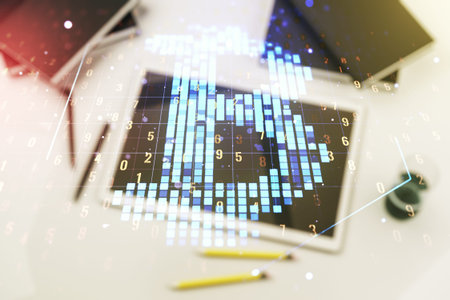 Double exposure of creative Bitcoin symbol and digital tablet on background, top view....