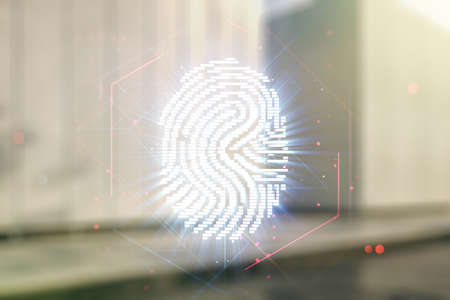 Double exposure of virtual creative fingerprint hologram on contemporary business center exterior background, protection of personal information conceptの写真素材
