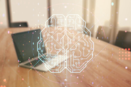 Double exposure of creative artificial Intelligence symbol with modern laptop on background. Neural...