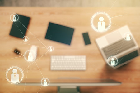 Social network media concept with modern computer on background. Double exposure