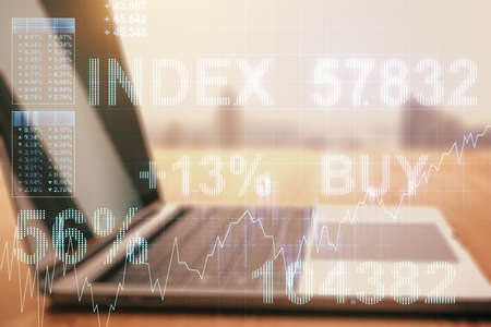 Multi exposure of abstract financial diagram on computer background, banking and accounting conceptの写真素材