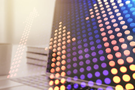 Creative concept of upward arrows illustration on modern laptop background. Breakthrough and...