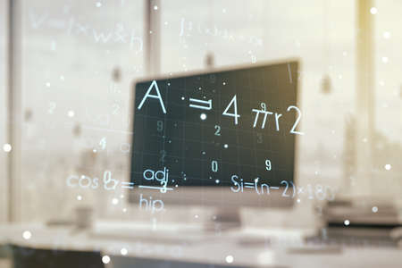 Double exposure of creative scientific formula concept on laptop background, research and development conceptの写真素材