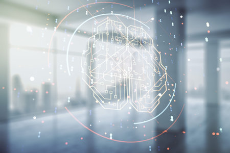 Virtual creative artificial Intelligence hologram with human brain sketch on empty corporate office...