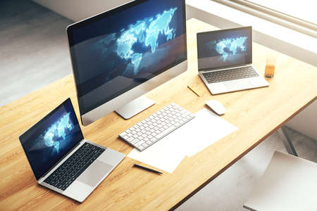 Modern computer display with abstract graphic world map, big data and networking concept. 3D Renderingの写真素材