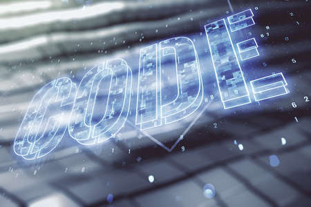 Code word hologram on abstract metal background, international software development concept. Multiexposureの写真素材