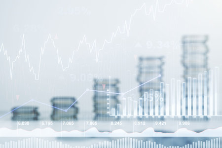 Double exposure of virtual creative financial diagram on growing coins stacks background, banking...