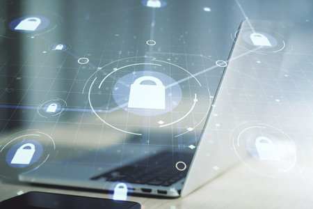 Creative light lock illustration with microcircuit on modern computer background, cyber security...