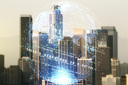 Multi exposure of abstract programming language hologram and world map on Los Angeles office...