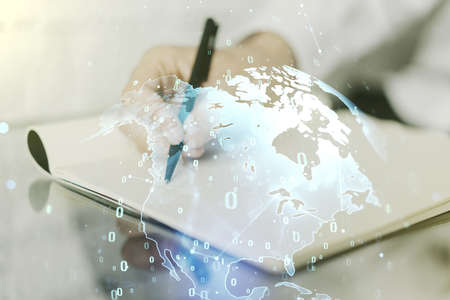 Multi exposure of abstract graphic coding sketch with world map and man hand writing in diary on background, big data and networking conceptの写真素材