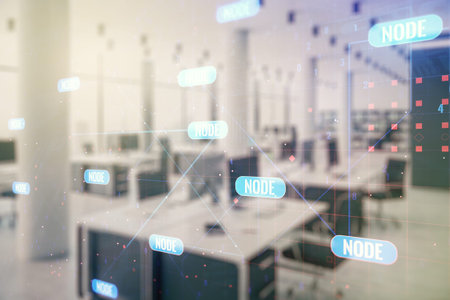 Multi exposure of abstract software development hologram on modern corporate office background,...