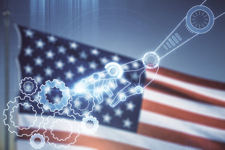 Abstract virtual robotics technology hologram on USA flag and sunset sky background. Robot...