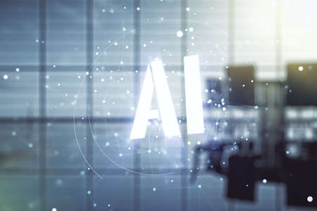 Abstract virtual artificial Intelligence symbol hologram on a modern conference room background. Multiexposureの写真素材