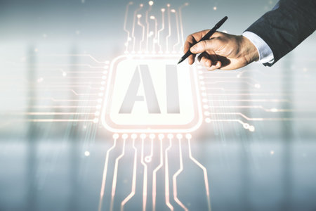 Man hand with pen working with abstract virtual artificial Intelligence symbol hologram on blurred...