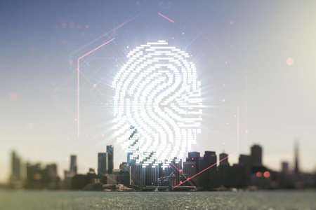 Double exposure of virtual creative fingerprint hologram on San Francisco office buildings...