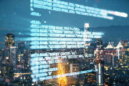 Multi exposure of abstract creative coding sketch on San Francisco city skyline background, artificial intelligence and neural networks conceptの写真素材