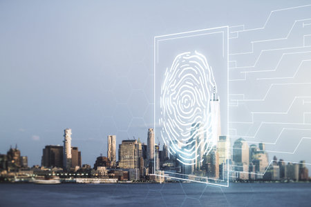 Multi exposure of virtual creative fingerprint hologram on New York city skyscrapers background,...