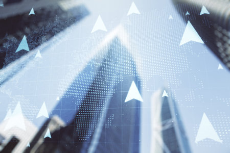 Double exposure of abstract virtual world map with pins hologram on modern skyscrapers background....