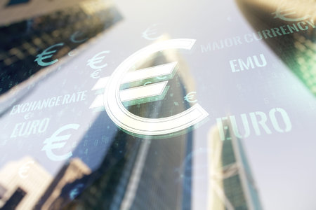 Virtual EURO symbols illustration on modern architecture background, forex and currency concept. Multiexposureの写真素材