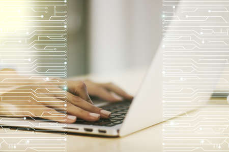 Creative abstract micro circuit sketch and hands typing on computer keyboard on background, future technology and AI concept. Double exposureの写真素材
