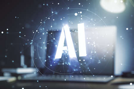 Creative artificial Intelligence symbol concept with modern laptop on background. Multiexposureの写真素材