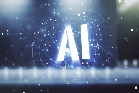 Abstract virtual artificial Intelligence symbol hologram on blurry modern office building...