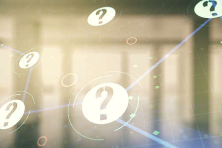 Abstract virtual question mark illustration on empty corporate office background. FAQ and search concept. Multiexposureの写真素材