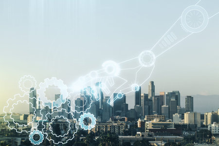 Abstract virtual robotics technology hologram on Los Angeles cityscape background, artificial...