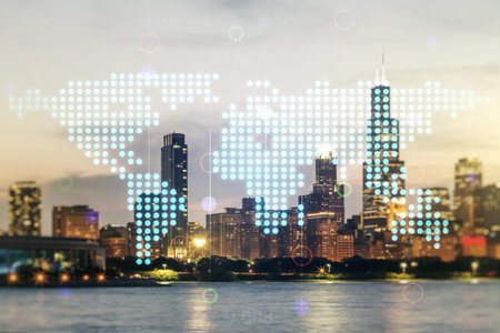 Double exposure of abstract digital world map on Chicago city skyscrapers background, research and...