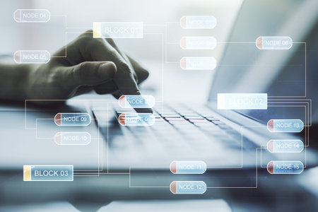 Abstract creative coding concept with hands typing on laptop on background. Multiexposure