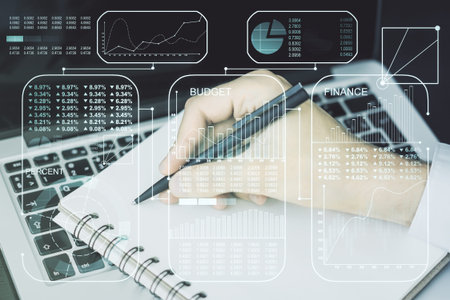 Multi exposure of abstract graphic data spreadsheet sketch with hand writing in diary on background...