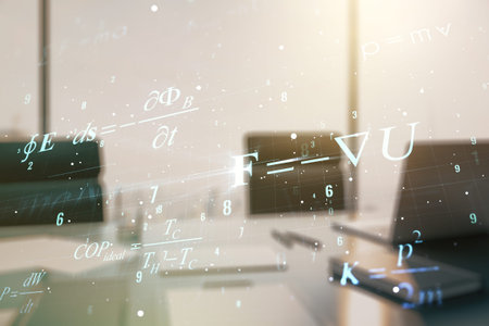 Creative scientific formula concept and modern desktop with computer on background. Multiexposure